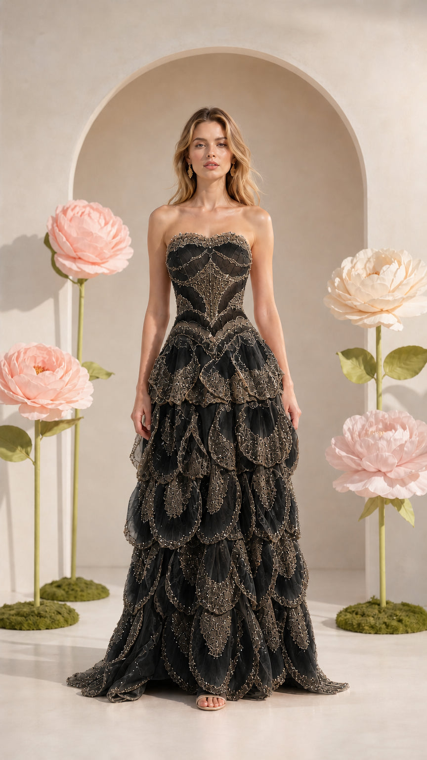 Front view of strapless tiered formal gown in black with gold shimmer