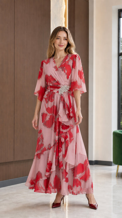 Blush pink floral print surplice maxi dress with crystal waist accent