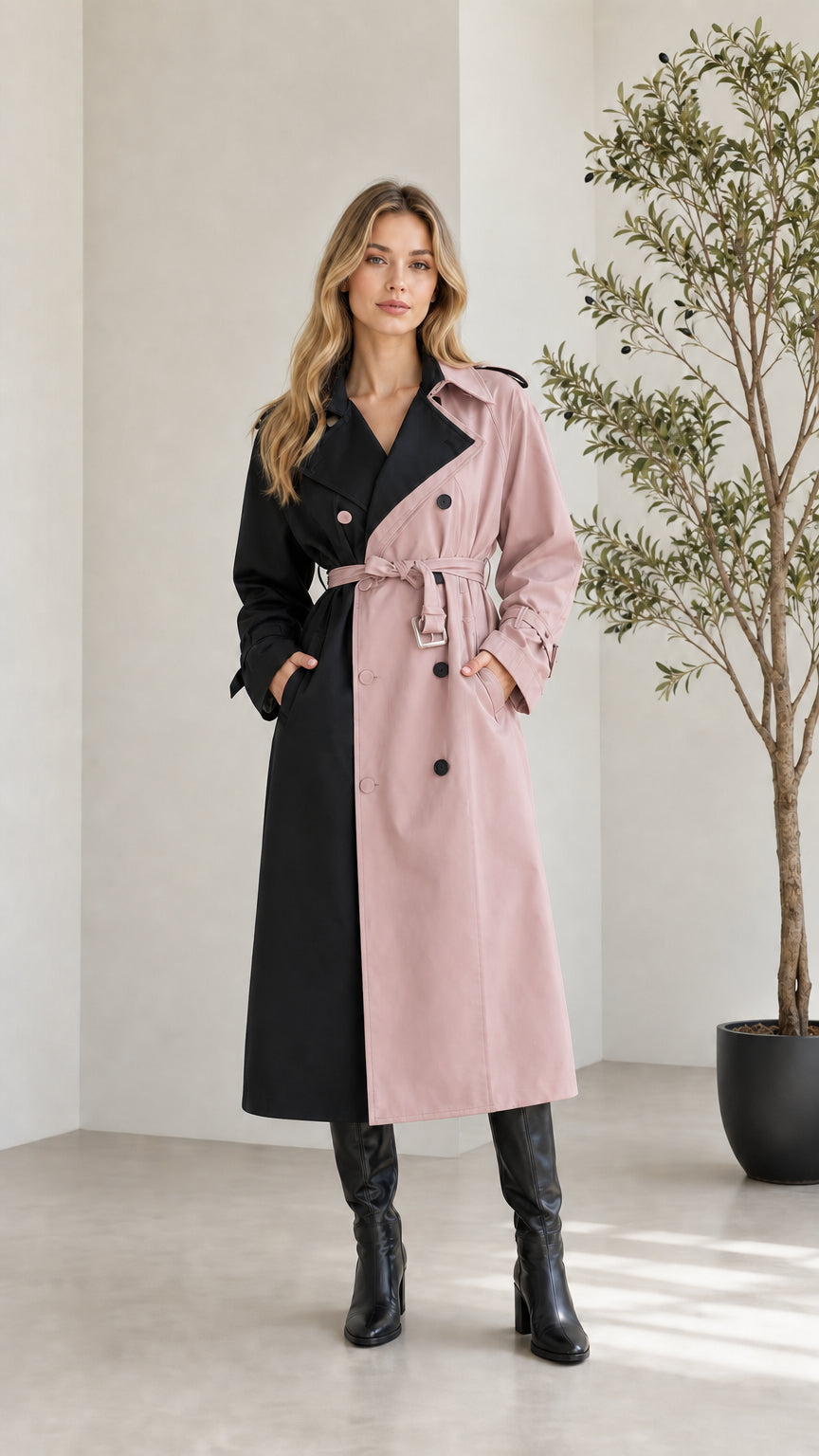 Woman wearing Black and Dusty Pink two-tone color block long trench coat