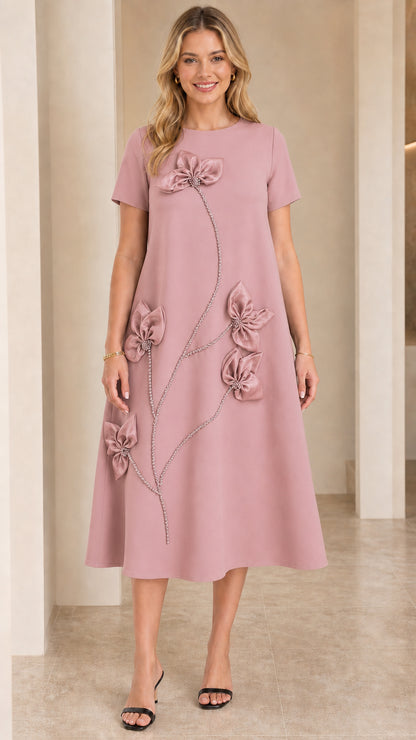 Front view of Dusty Pink short-sleeve A-line midi dress with 3D floral appliqués