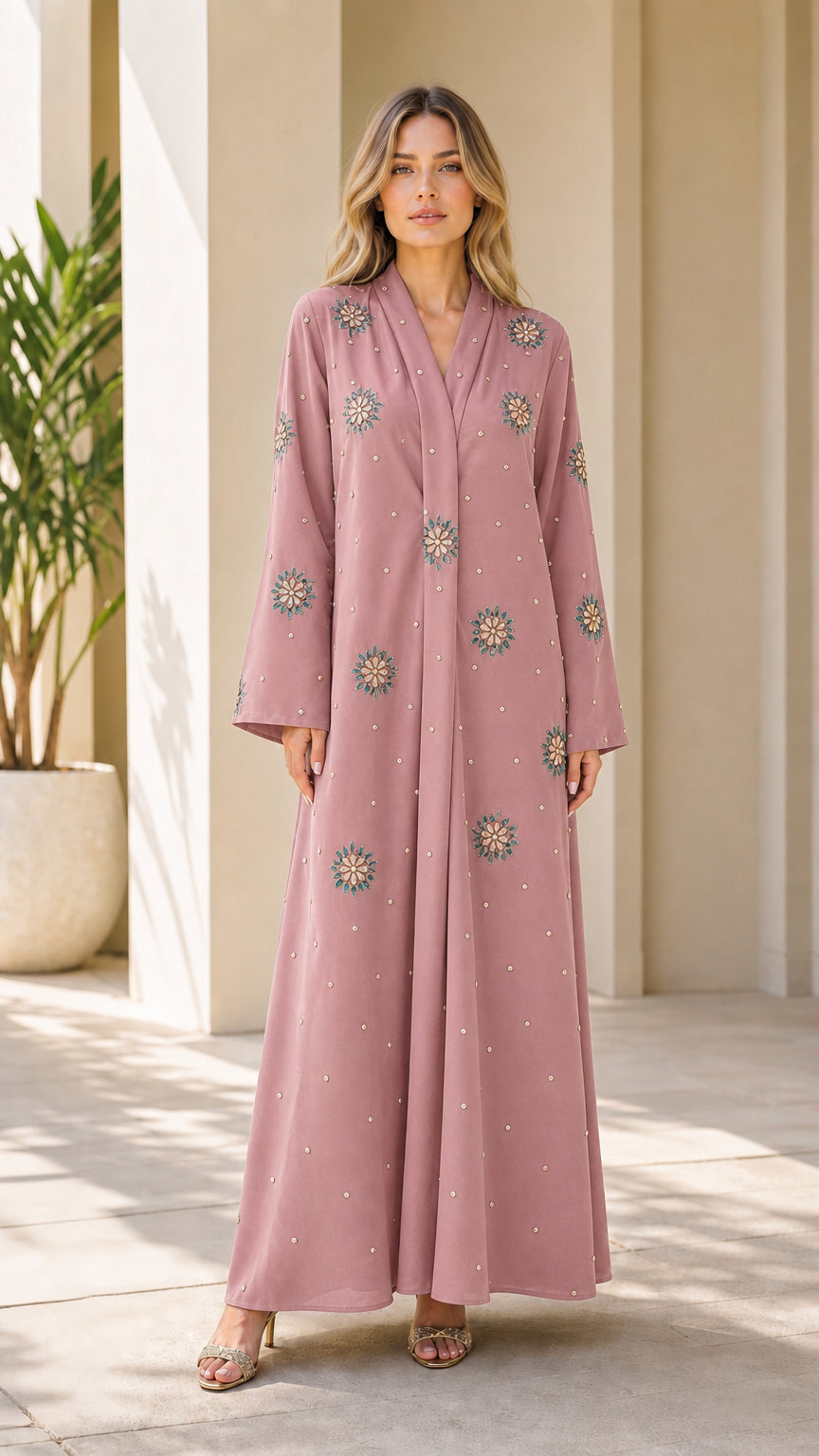 Front view of dusty rose pink embellished modest maxi dress