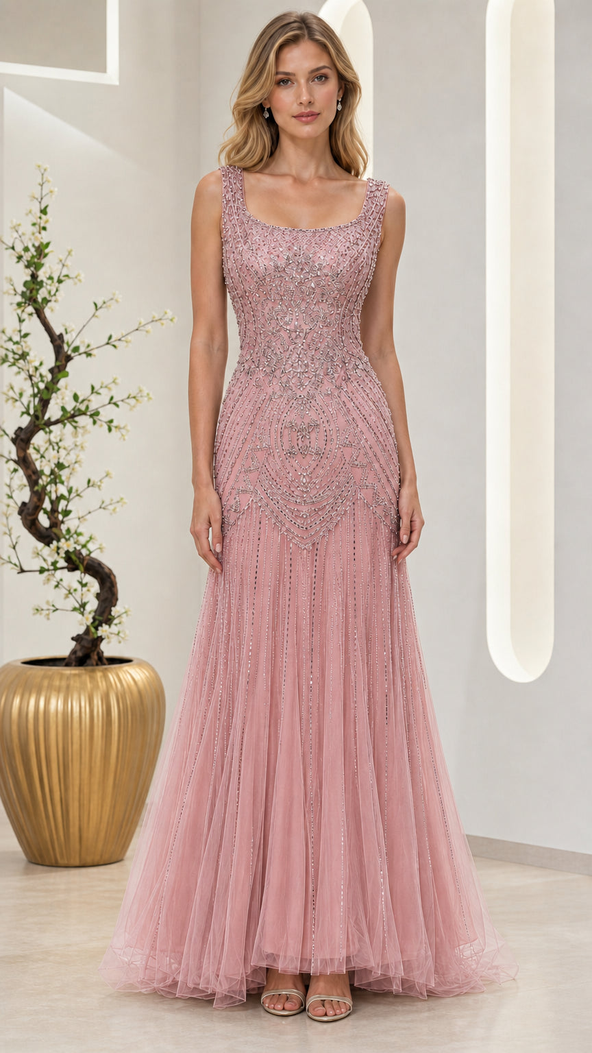 Full-length front view of dusty pink beaded scoop neck tulle gown