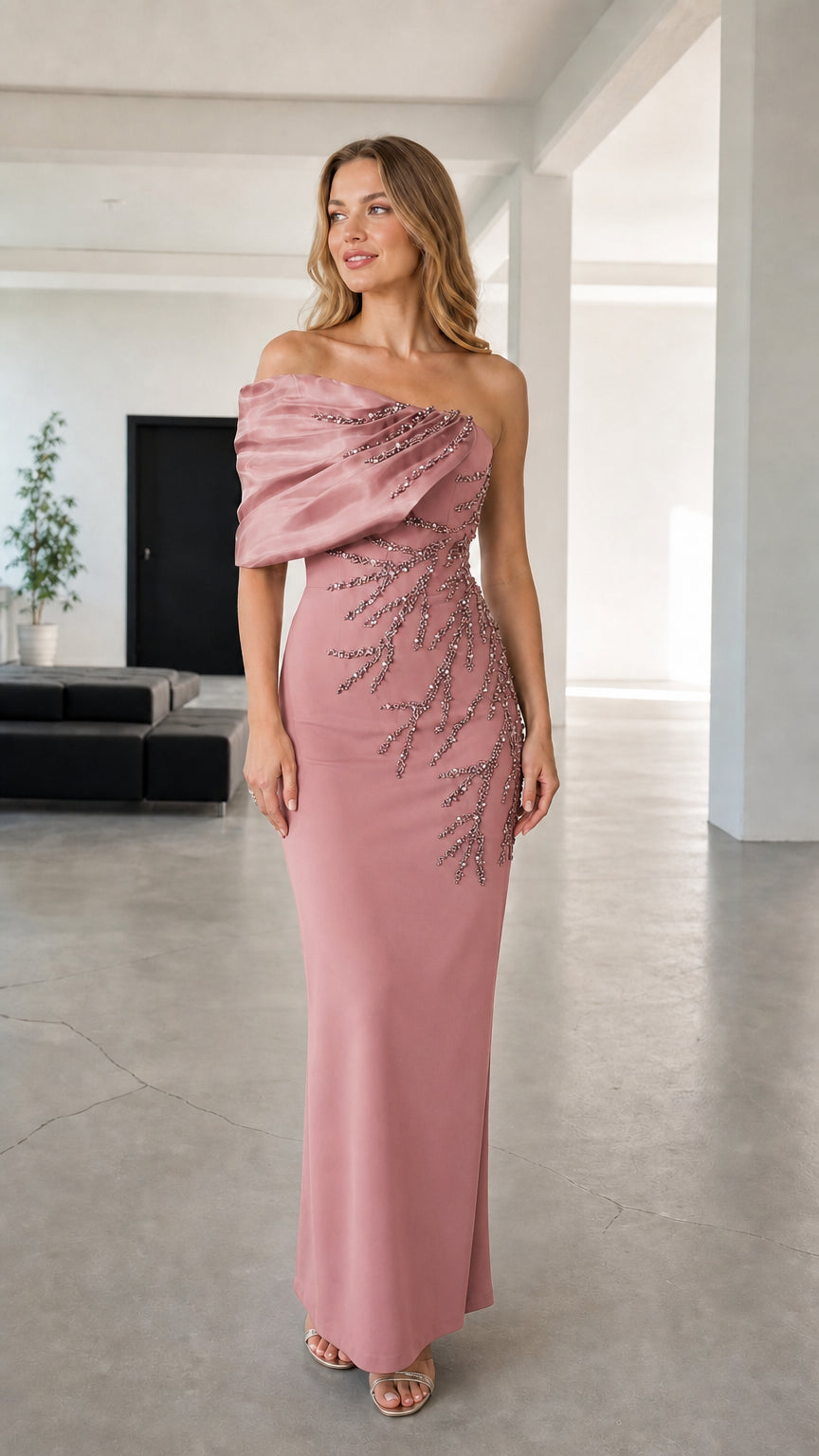 Full-length view of dusty rose asymmetric draped beaded evening maxi gown
