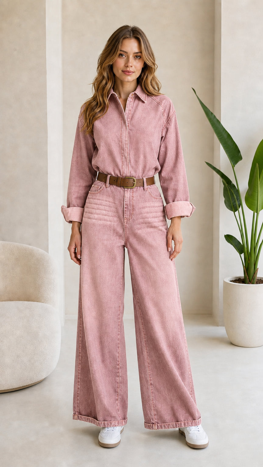 Woman wearing Dusty Pink collared wide leg denim jumpsuit with belt