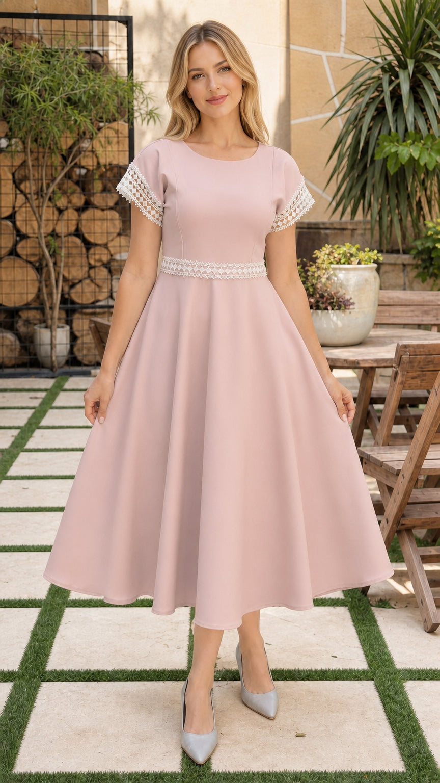 Model wearing dusty pink short sleeve fit and flare midi dress with lace accents