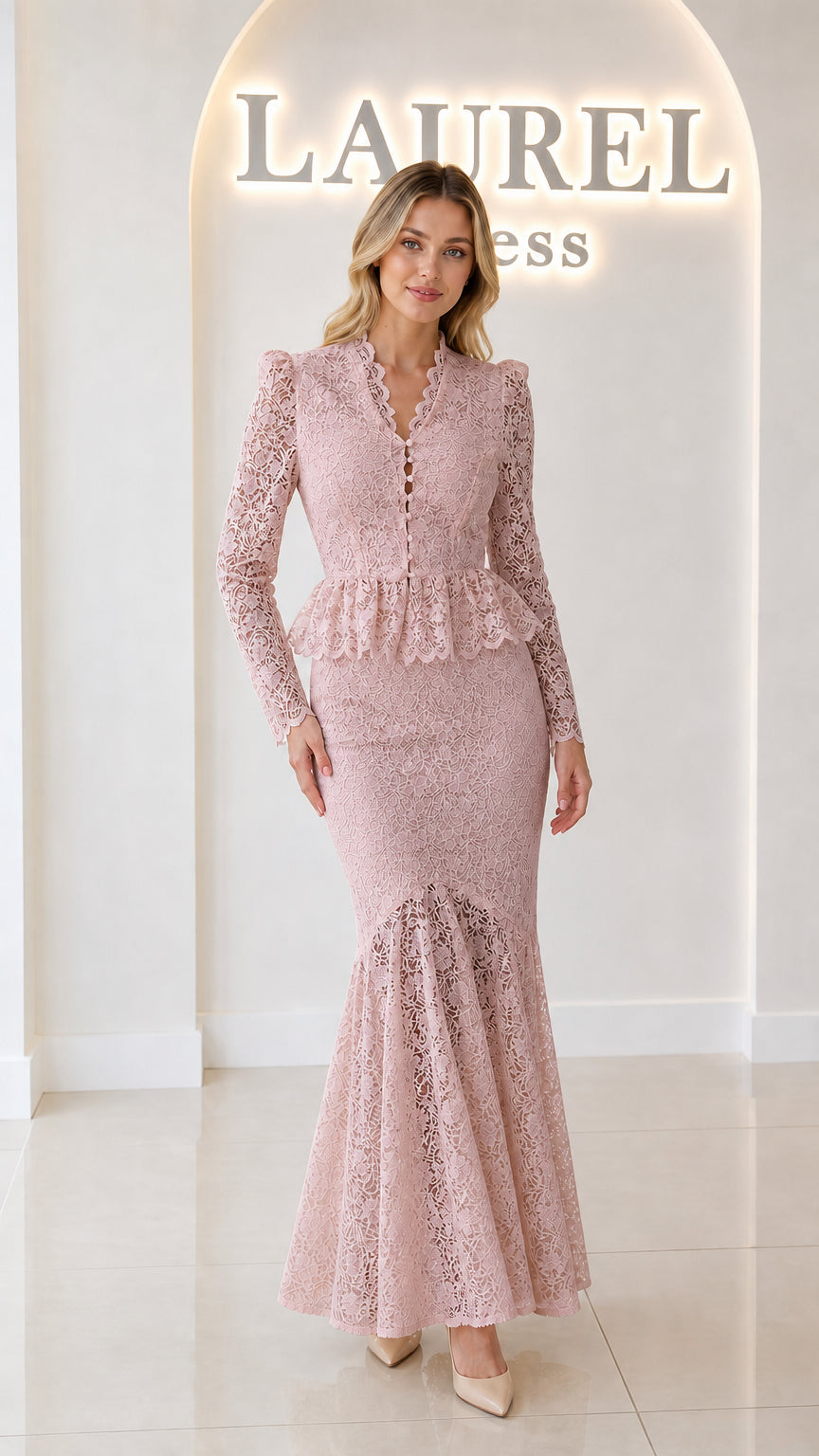 Front view of dusty pink floral lace peplum mermaid maxi dress
