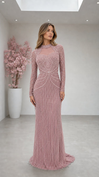 Dusty Rose embellished long sleeve floor length evening dress