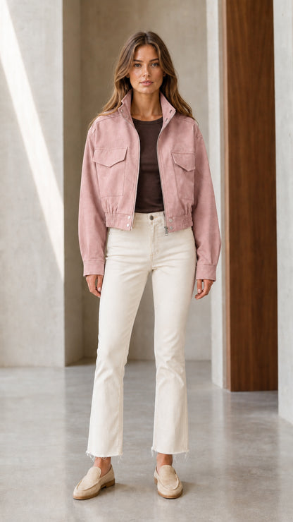 Front full-length view of model wearing Dusty Pink cropped utility jacket