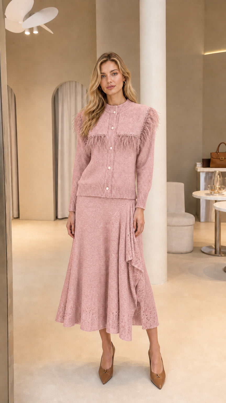 Full-length view of Dusty Pink feather trim knit cardigan and ruffled midi skirt set