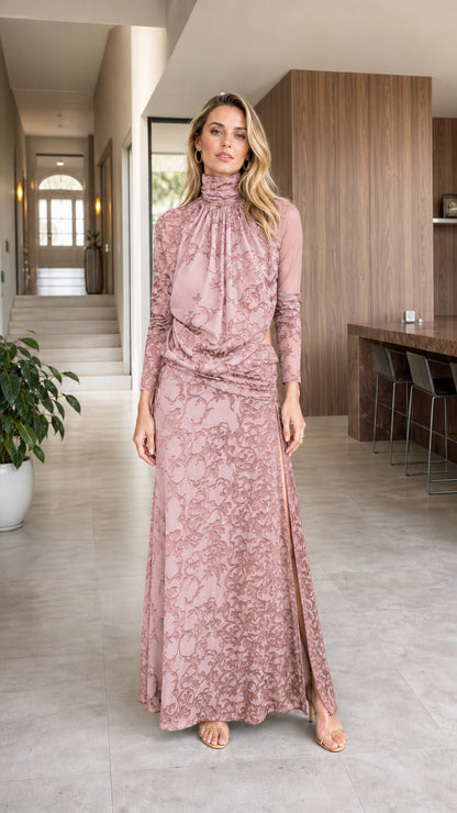 Model wearing dusty rose high neck cutout lace maxi dress