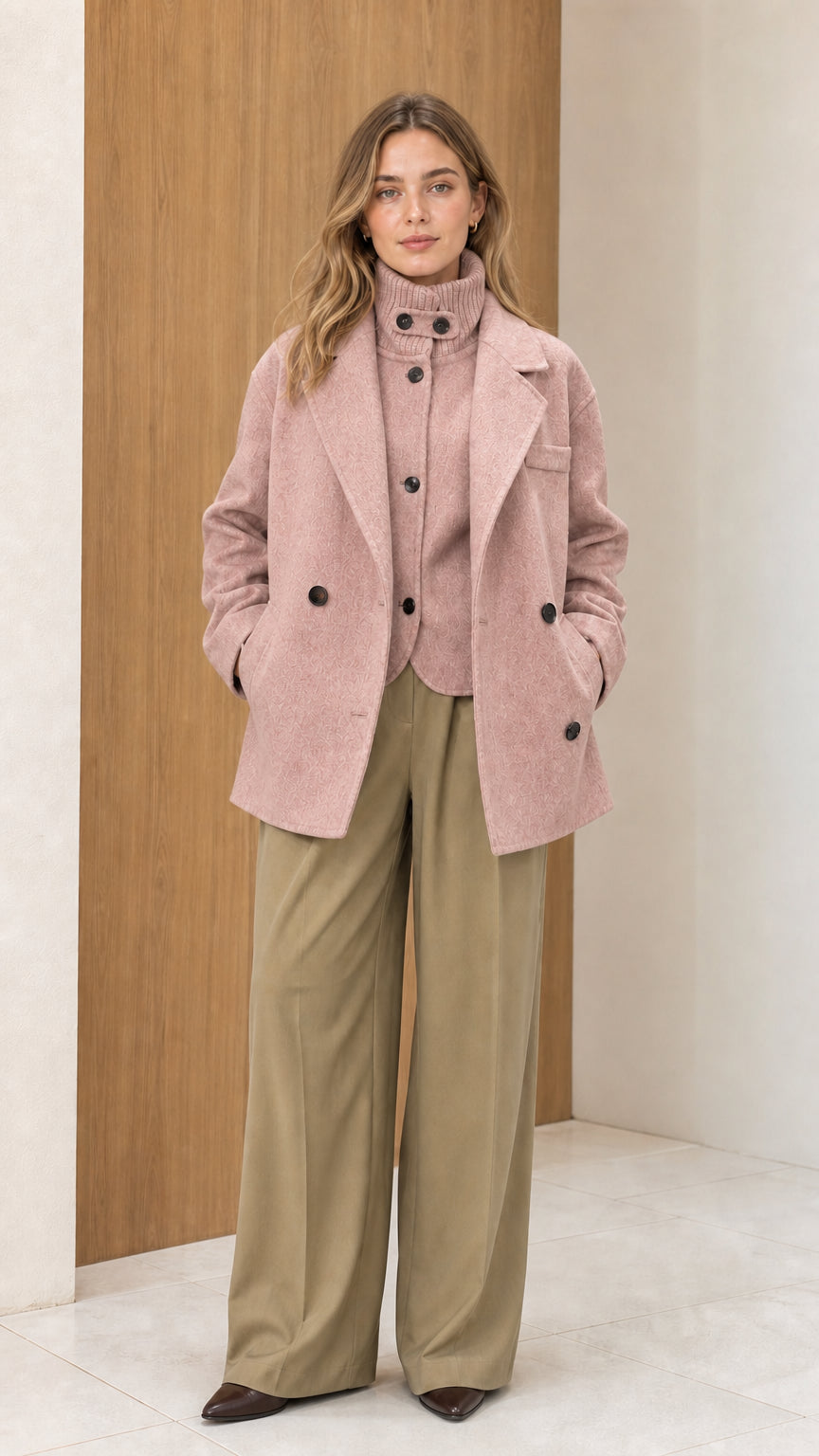 Full front view of women's dusty pink double-breasted wool blend peacoat