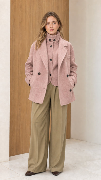 Full front view of women's dusty pink double-breasted wool blend peacoat