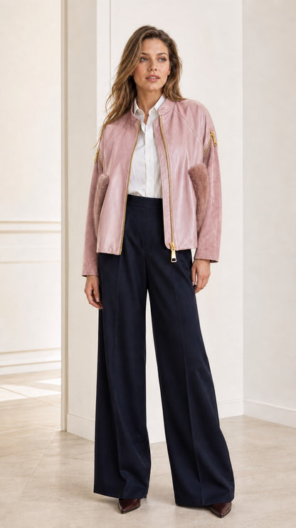 Full outfit view of woman wearing the Dusty Pink faux leather bomber jacket