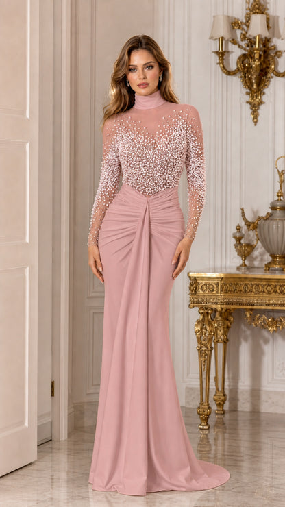 Dusty pink long sleeve pearl-embellished illusion evening gown