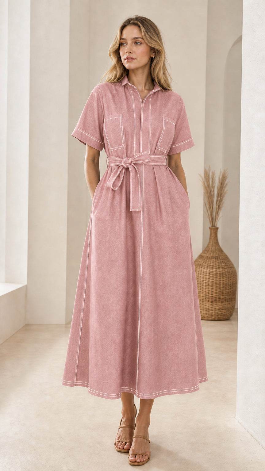 Front view of woman wearing dusty pink short sleeve contrast stitch belted midi shirt dress