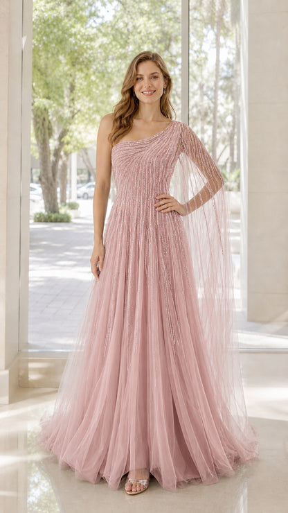 Front view of model wearing pink one-shoulder beaded tulle evening dress