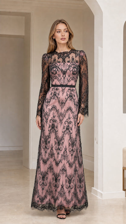 Front full-length view of dusty pink sequin lace long sleeve evening maxi dress