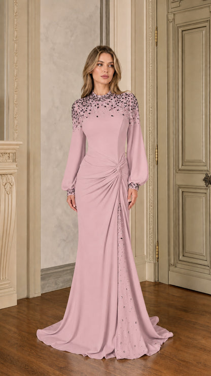 Dusty Pink modest embellished long sleeve evening gown