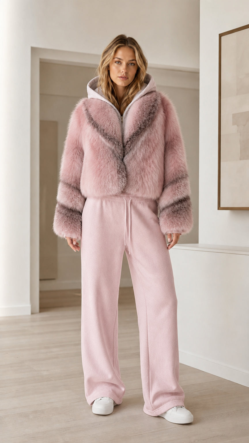 Model wearing dusty pink cropped faux fur hooded jacket with matching pink sweatpants