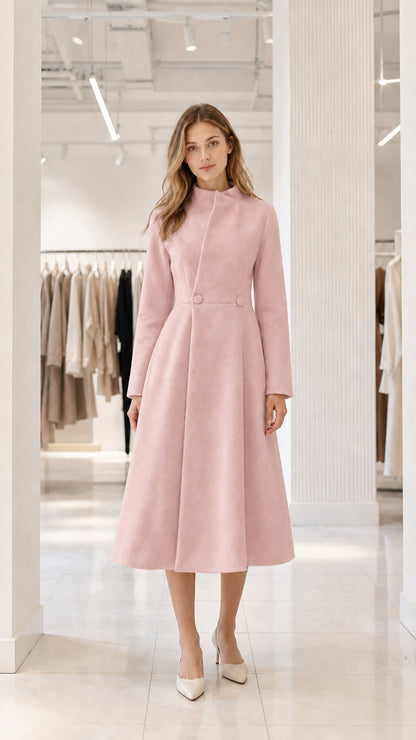 Blush pink elegant fit-and-flare midi overcoat front view on model