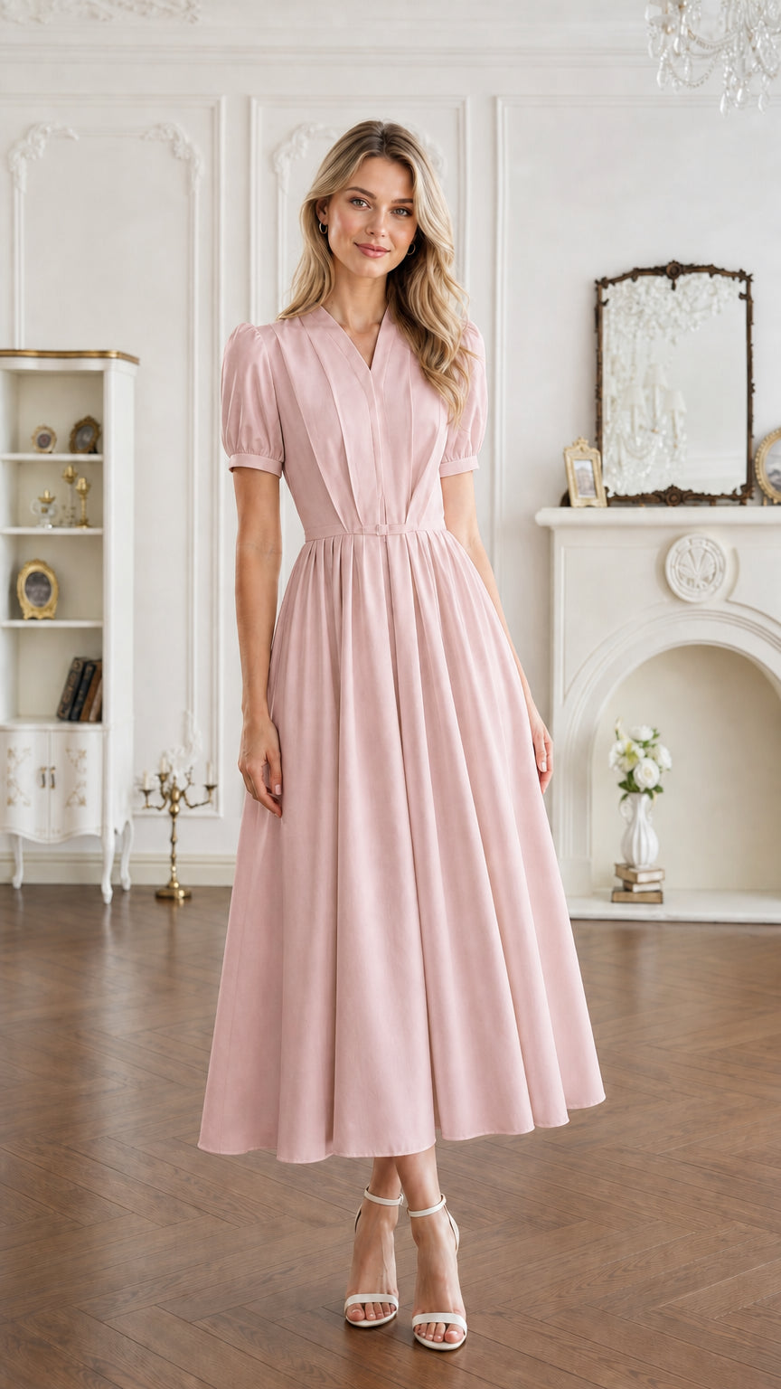 Front view of blush pink short sleeve pleated V-neck midi dress