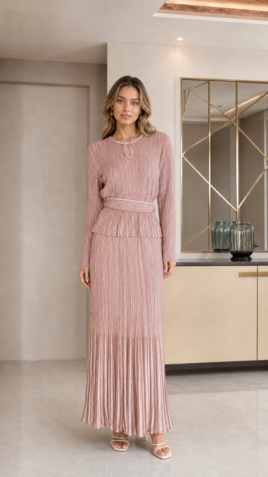 Full front view of Dusty Rose pleated shimmer long-sleeve maxi dress