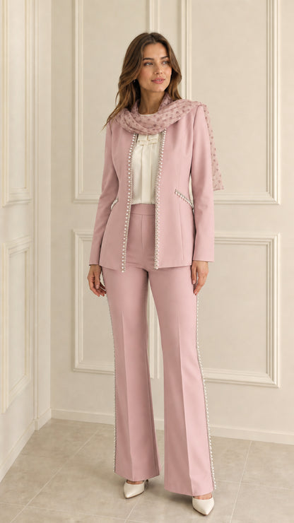 Blush Pink pearl trimmed tailored blazer and flared pantsuit