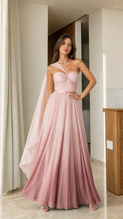 Full front view of blush pink ombre one-shoulder chiffon maxi dress