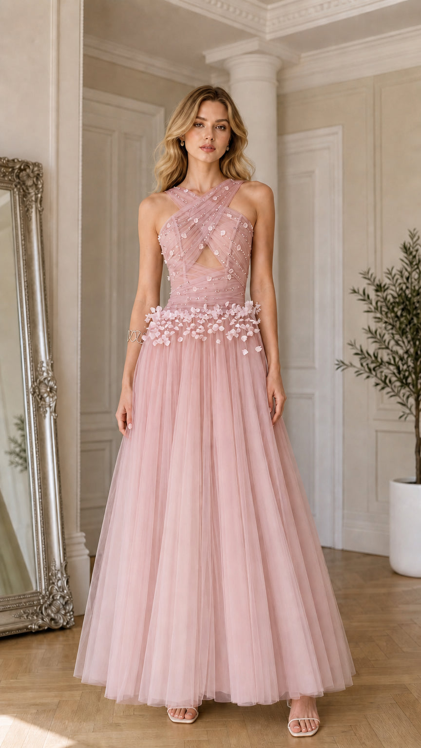 Dusty pink criss-cross halter A-line tulle formal gown with floral accents