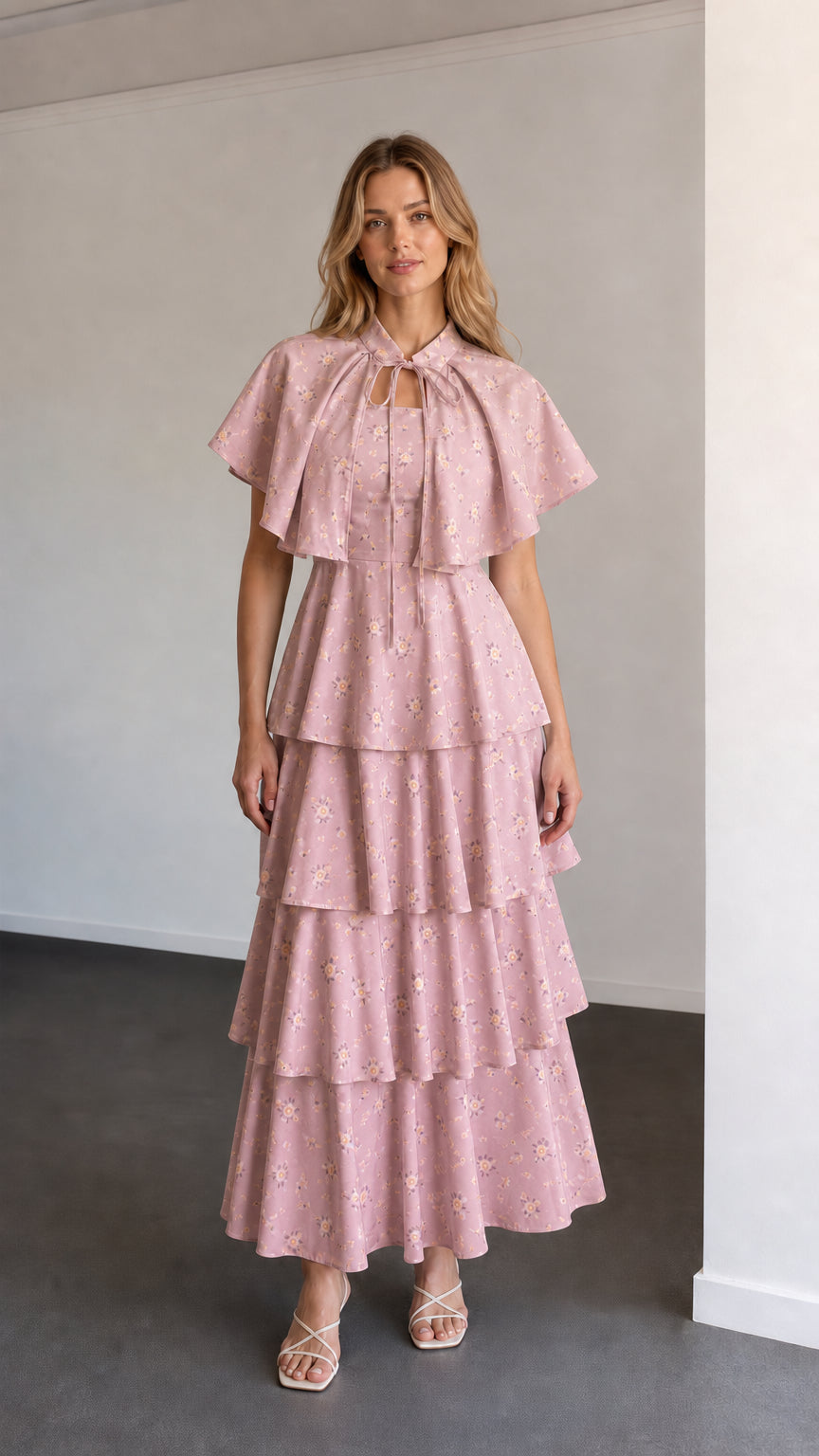 Full-length view of dusty pink floral capelet tiered maxi dress