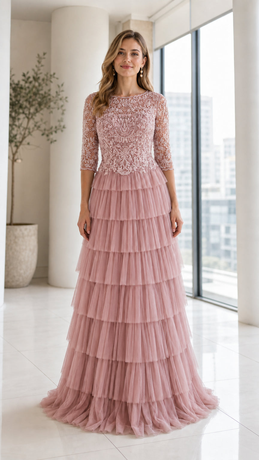 Front view of model wearing Dusty Rose beaded bodice tiered tulle maxi dress