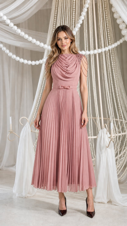 Front view of dusty rose pleated midi dress
