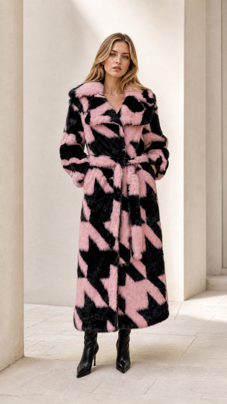 Full-length pink and black houndstooth belted faux fur maxi coat