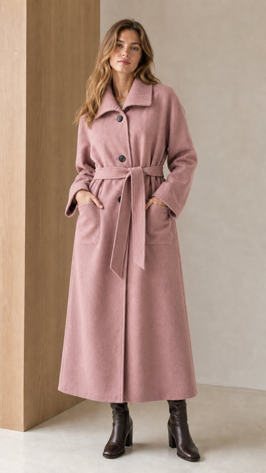 Woman wearing Dusty Pink maxi longline belted overcoat