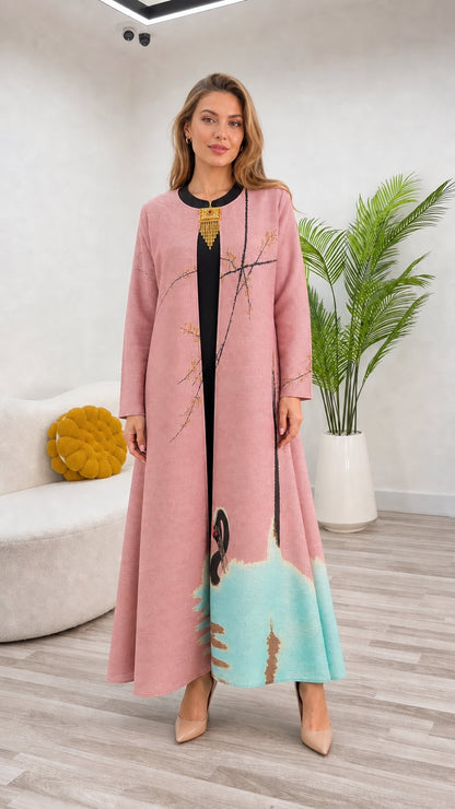 Dusty pink modest maxi coat dress with contrast aqua hemline