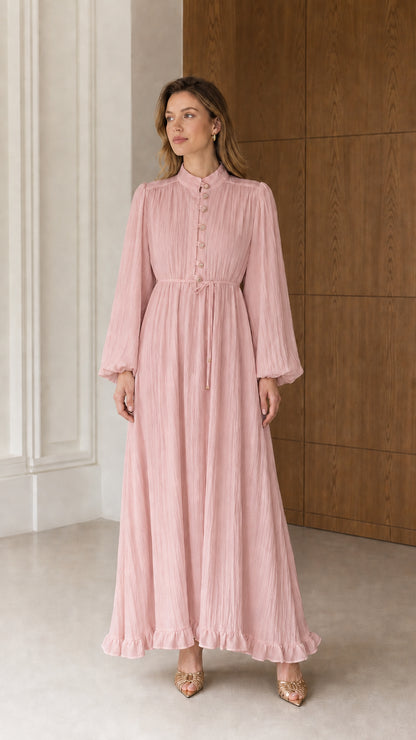 Full front view of the Blush Pink long sleeve crinkle pleated maxi dress with front buttons