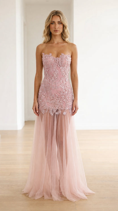 Dusty rose strapless beaded corset gown with matching pink tulle maxi skirt