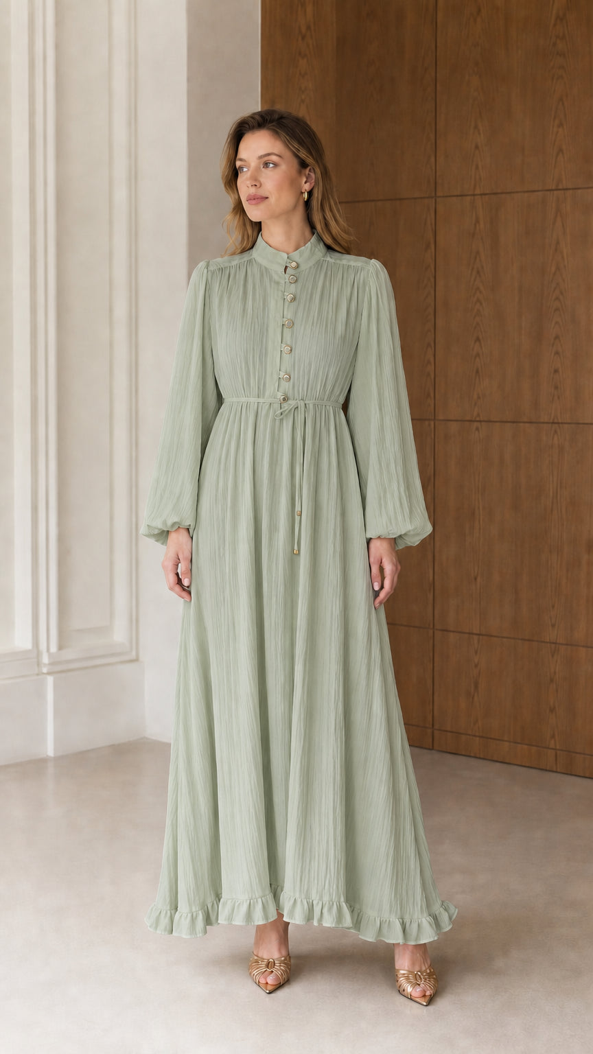 Full front view of the Sage Green modest pleated long sleeve maxi dress with drawstring waist