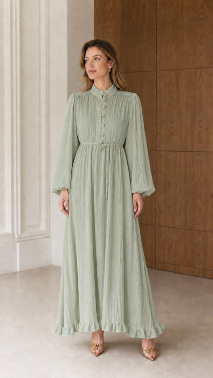 Full front view of the Sage Green modest pleated long sleeve maxi dress with drawstring waist