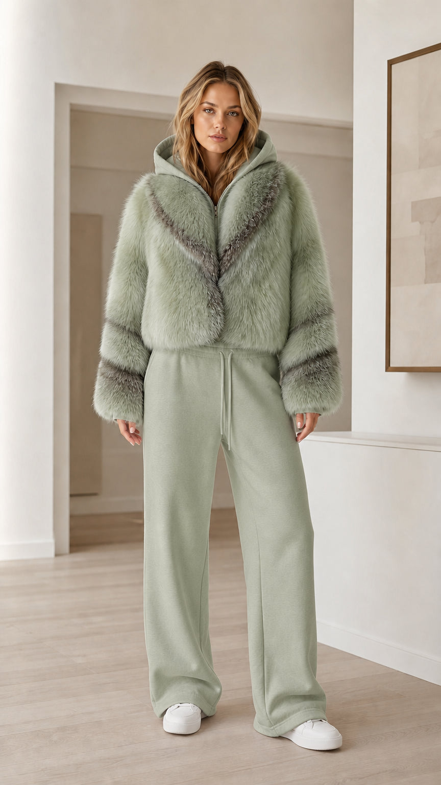 Model wearing sage green cropped faux fur hooded jacket with green trousers