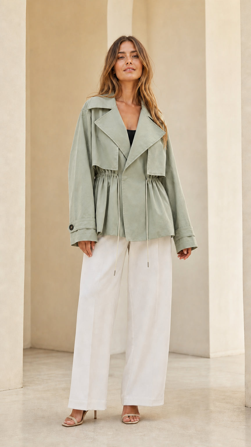 Front view of model wearing sage green short cinch-waist trench jacket