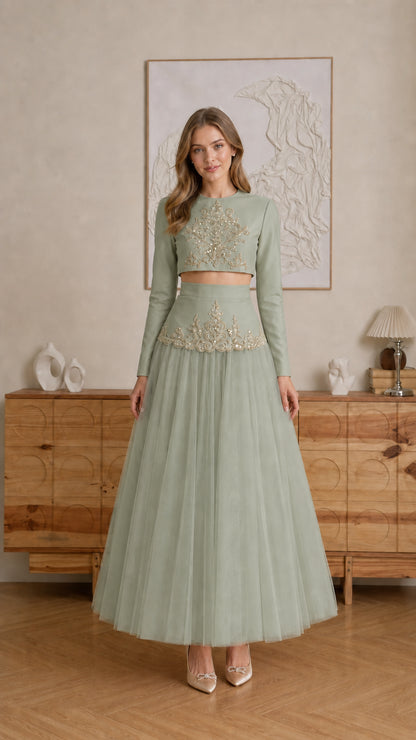 Model wearing Sage Green embroidered crop top and pleated tulle skirt set - front view