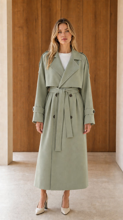 Model wearing sage green double-breasted longline trench coat