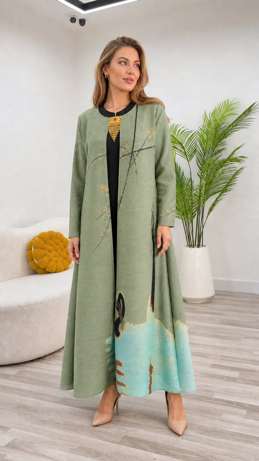 Sage green elegant maxi abaya coat with gold chest accent