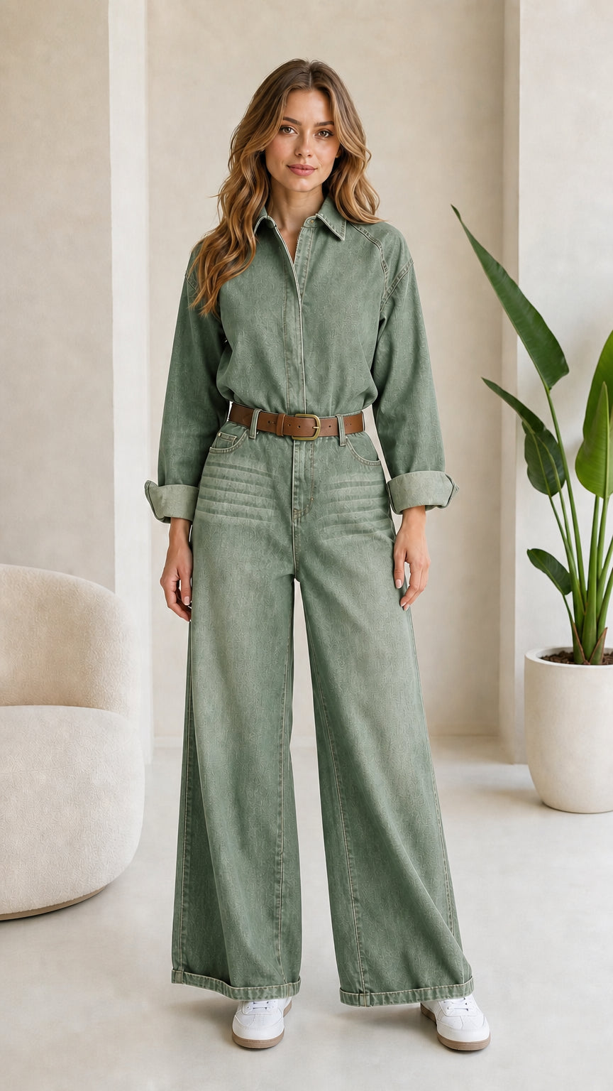 Woman wearing Sage Green long sleeve wide leg utility denim jumpsuit