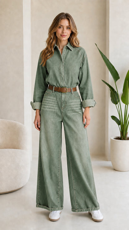 Woman wearing Sage Green long sleeve wide leg utility denim jumpsuit
