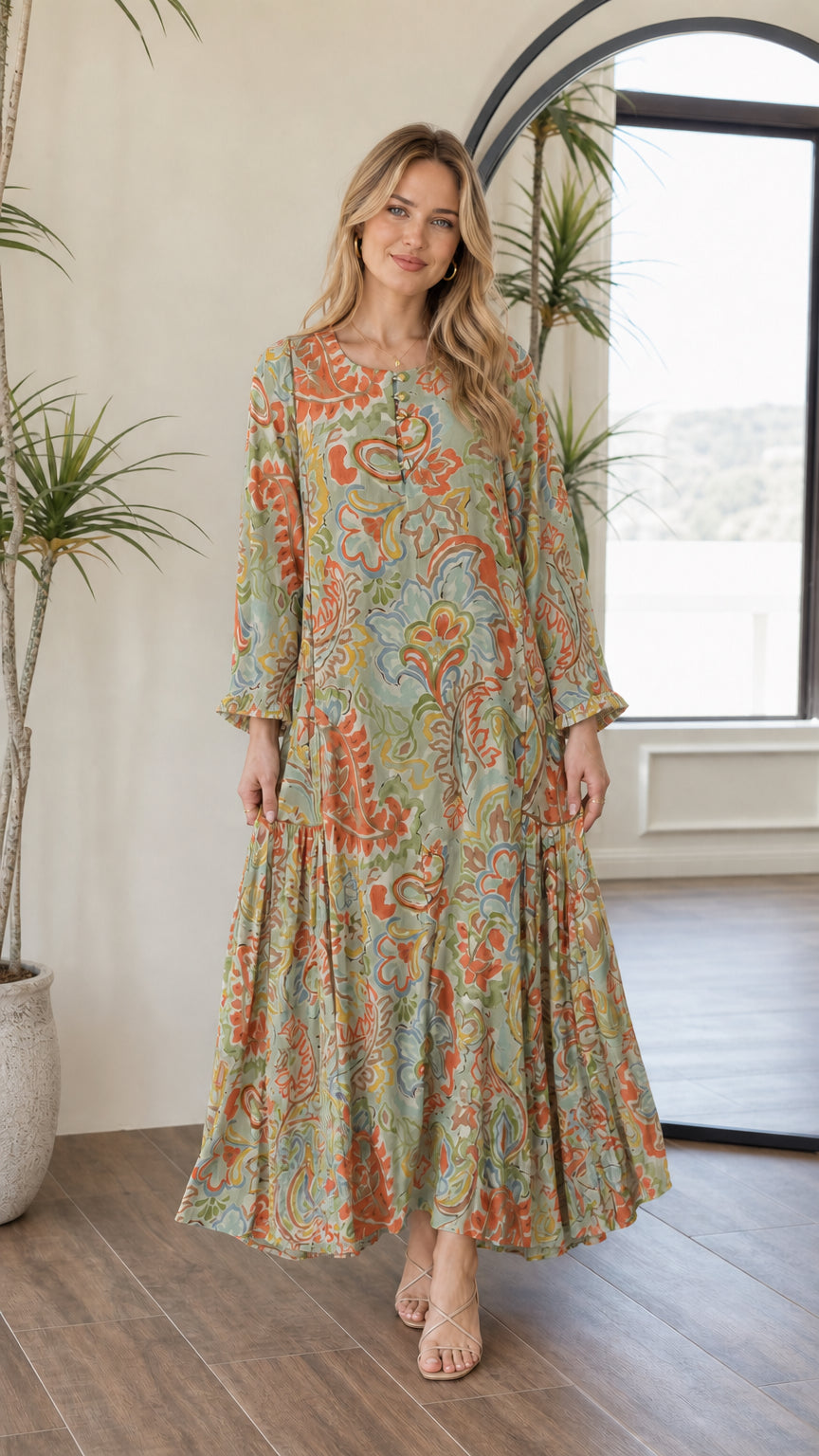 Front view of woman wearing sage green multi paisley print maxi dress