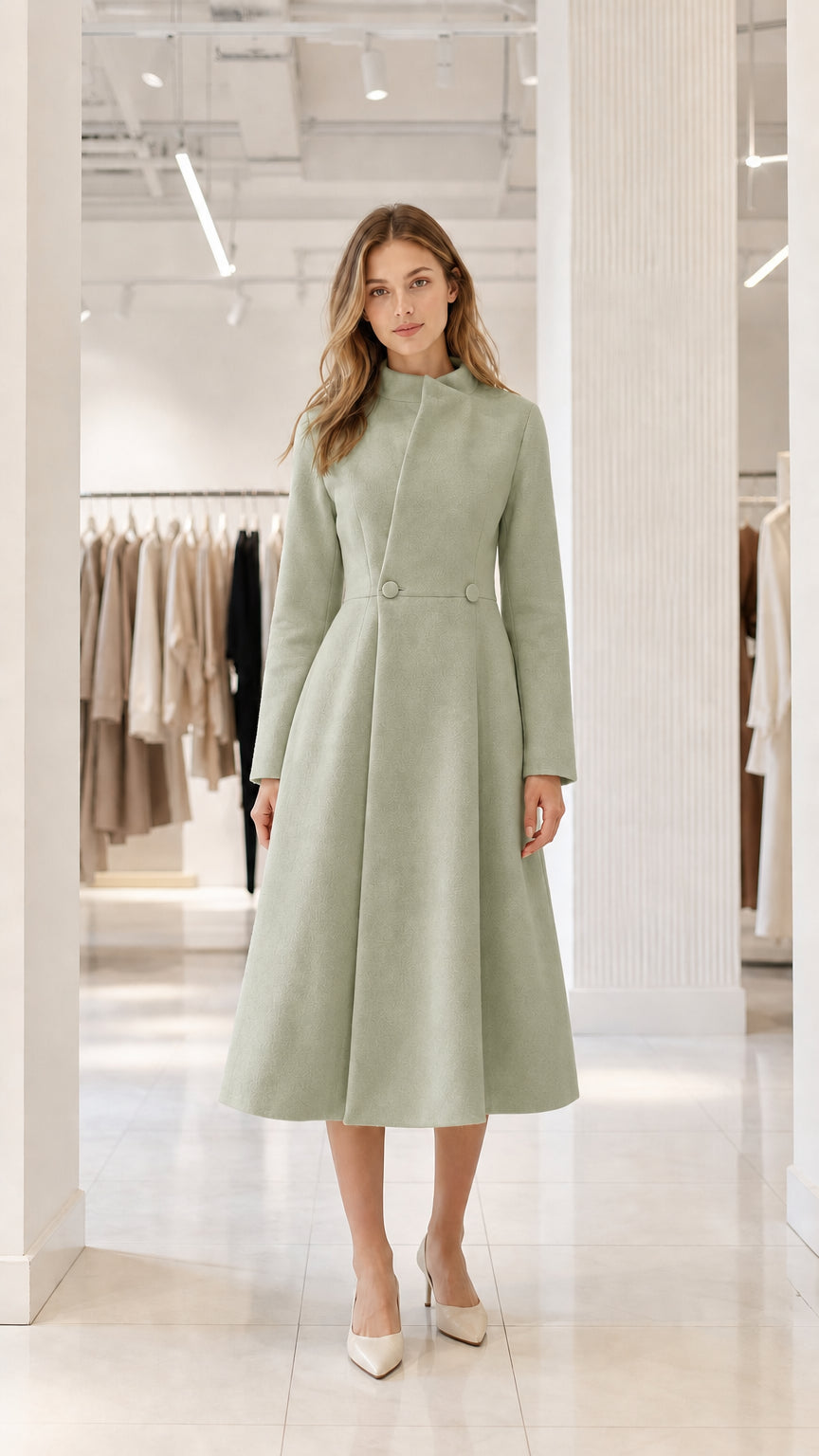 Sage green stand-collar swing midi dress coat front view on model