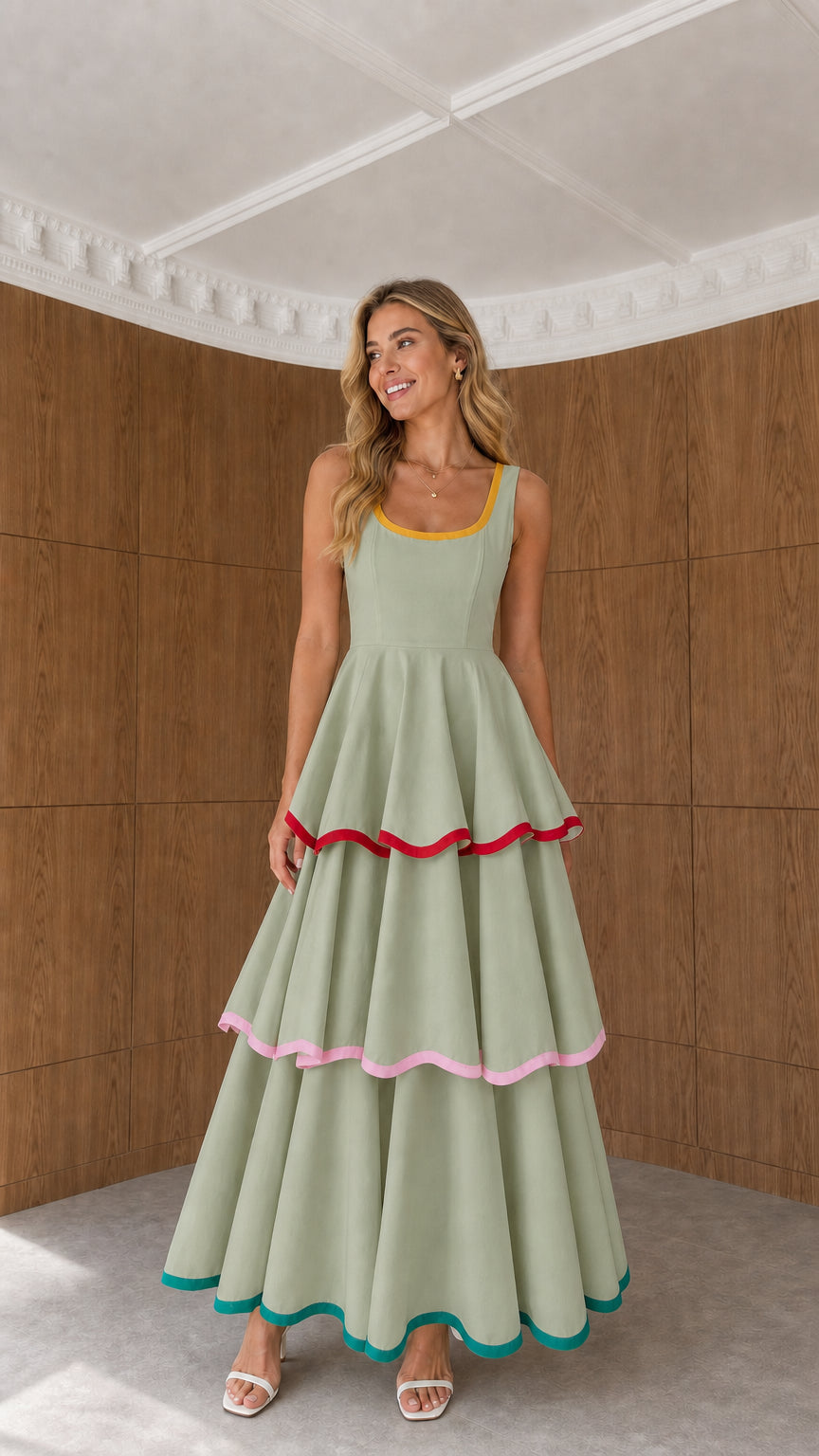 Model wearing sage green tiered maxi dress with contrast ribbon trims