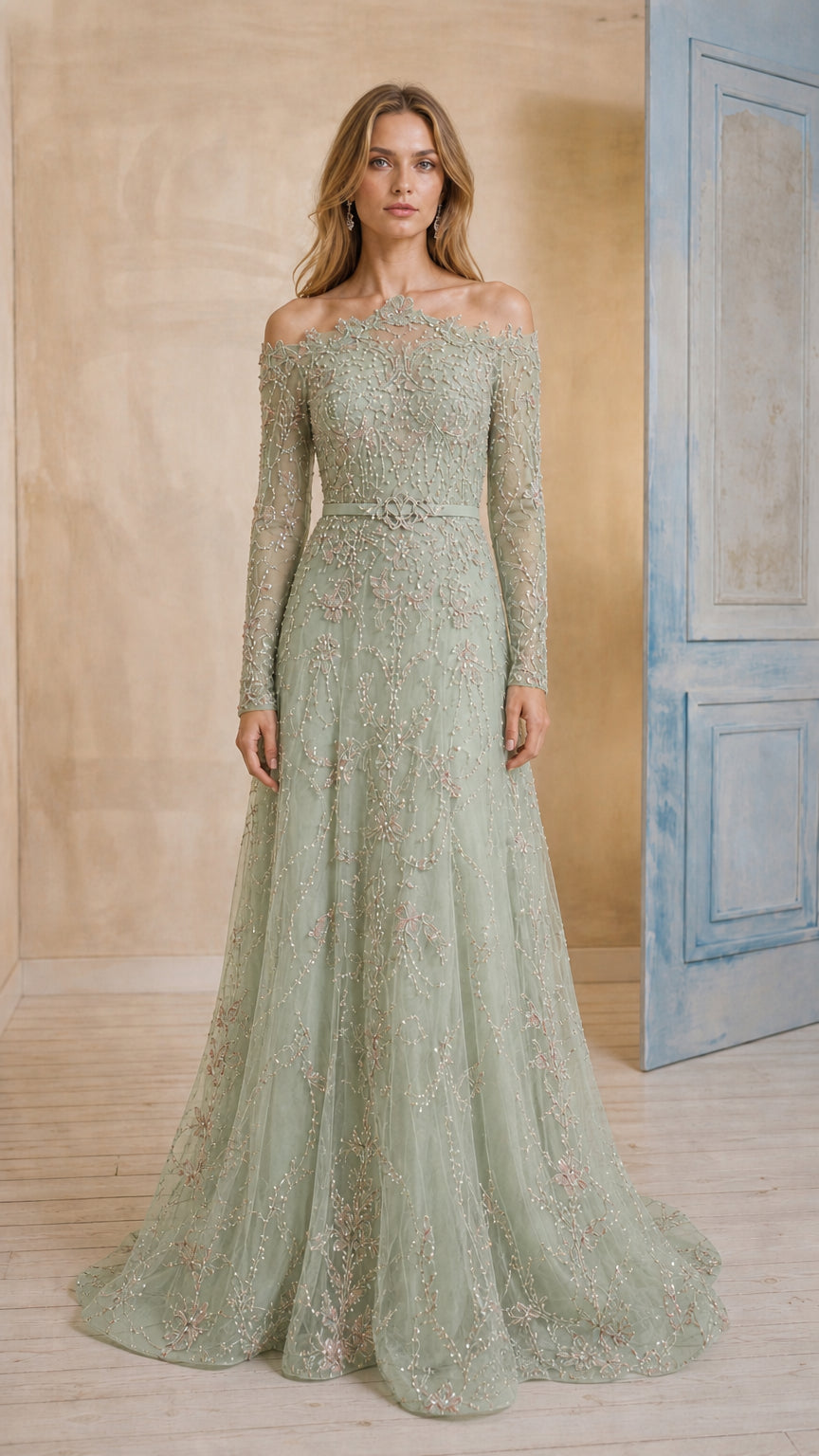 Sage green off-shoulder long sleeve embroidered A-line evening dress